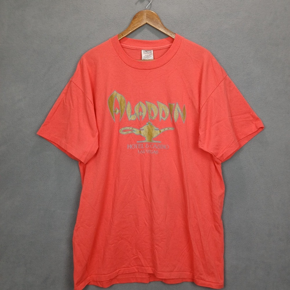 Vintage Oneita T Shirt Mens XL Orange Graphic Aladdin Hotel & Casino‎ Las Vegas
